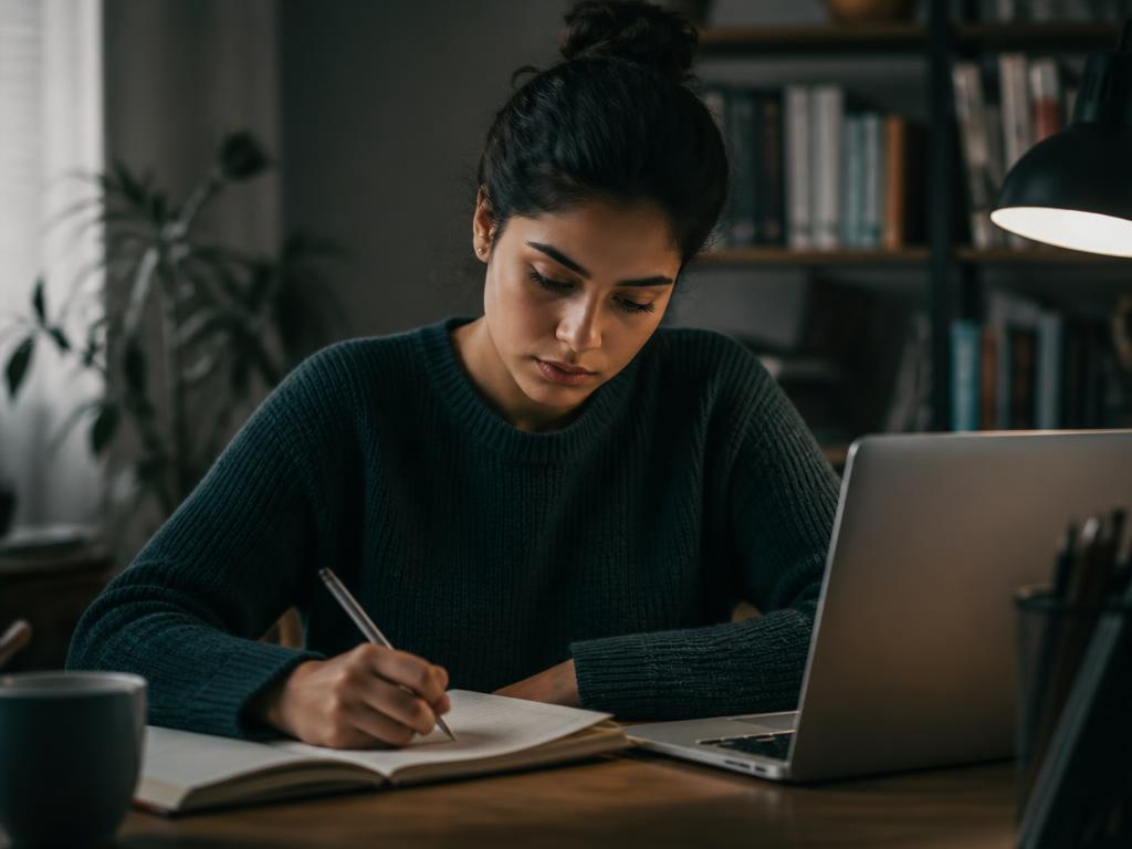 Estudante focada estudando com laptop e caderno