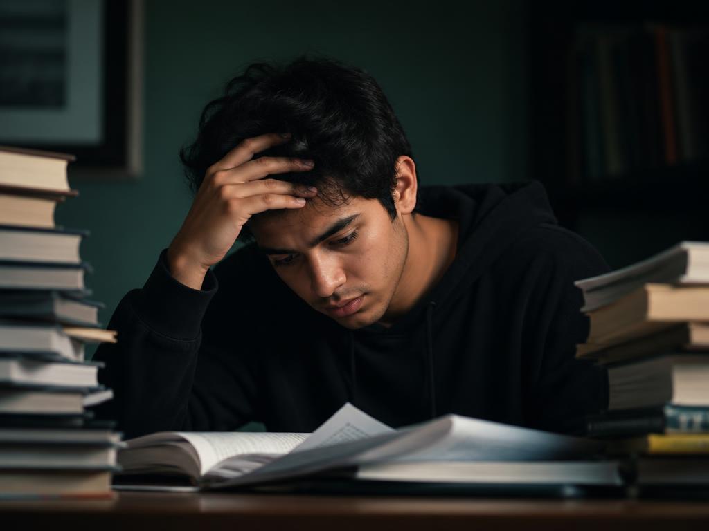 Estudante cansado diante de pilhas de provas e livros