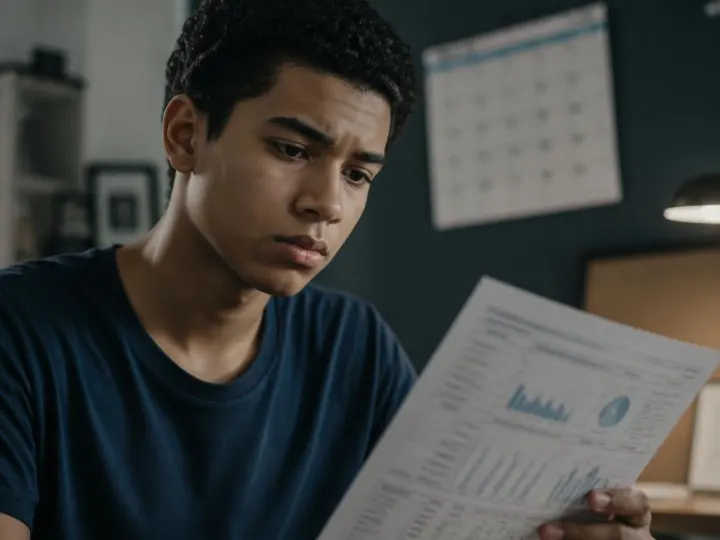 Estudante segurando resultado de simulado ao lado de calendário