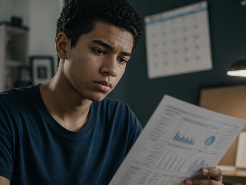 Estudante segurando resultado de simulado ao lado de calendário